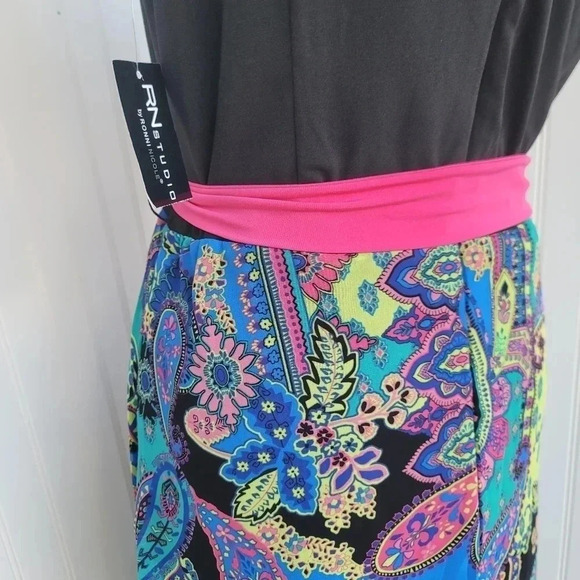 NWT RN Studio Ronni Nicole Black Multi Slevelesa Tie Design Long Maxi Dress 12 - Picture 3 of 10